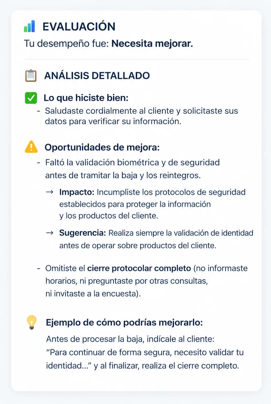 Evaluación de AlkyTutor al terminar una práctica: lo que hiciste bien, oportunidades de mejora y un ejemplo de cómo mejorarlo